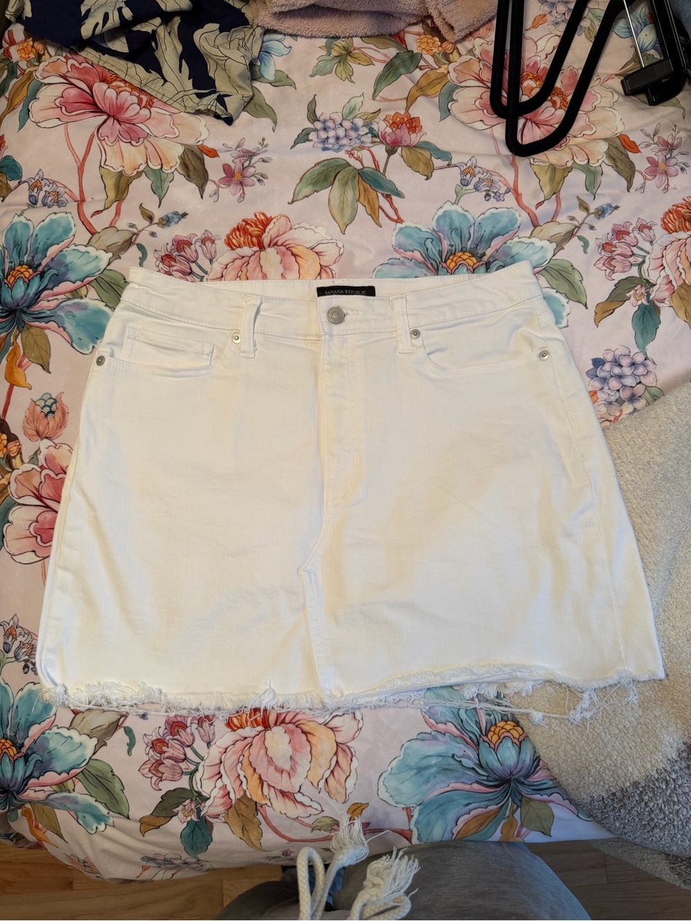 Banana Republic White Denim Mini Skirt with Frayed Hem